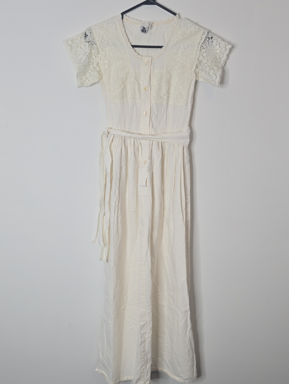 Vintage Laura Ashley Lace Cream Linen Button-Front Maxi Dress